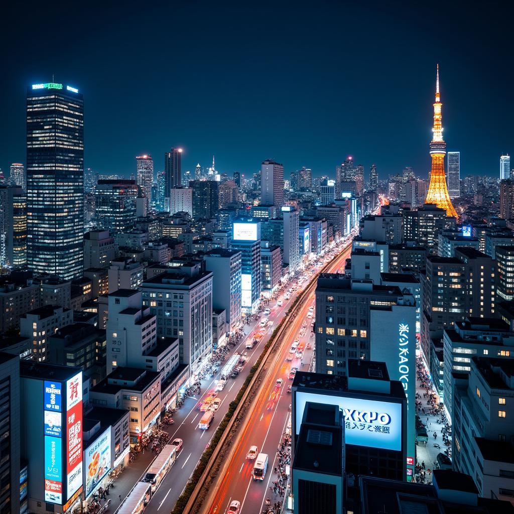 Kaustubh Tours: Exploring the vibrant cityscape of Tokyo at night with illuminated skyscrapers and bustling streets.