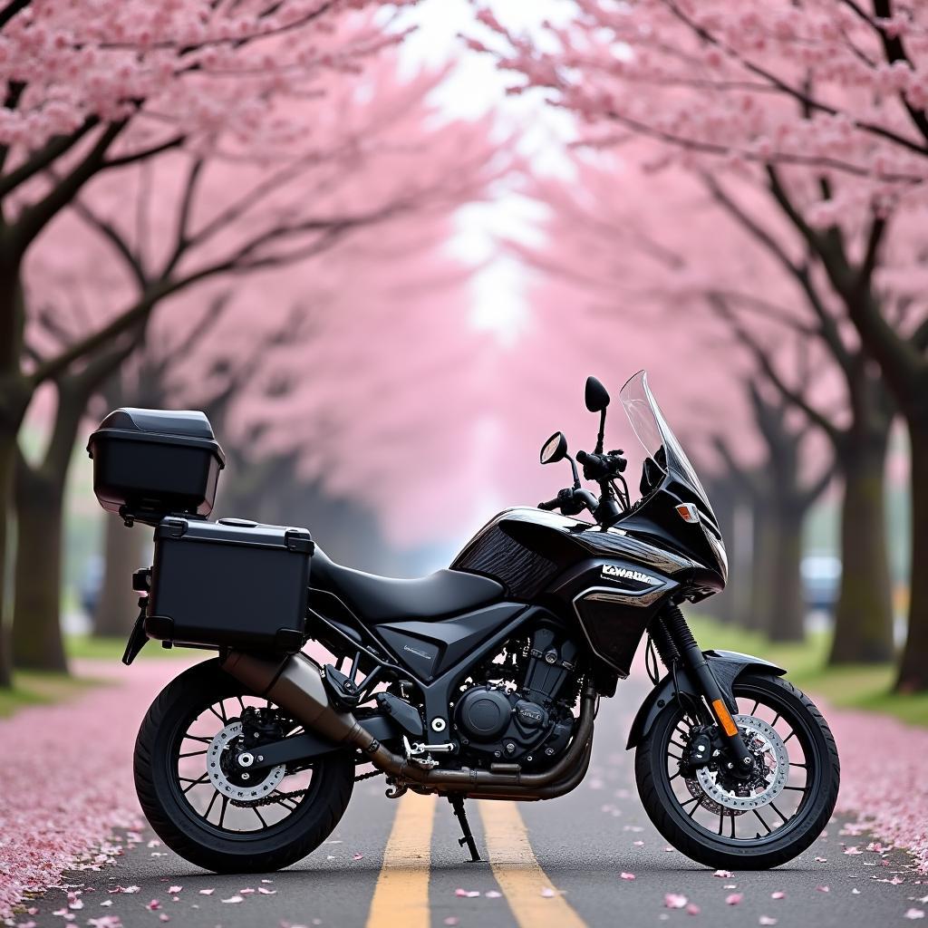 Kawasaki 250cc touring motorcycle parked beneath blooming cherry blossom trees in Japan.