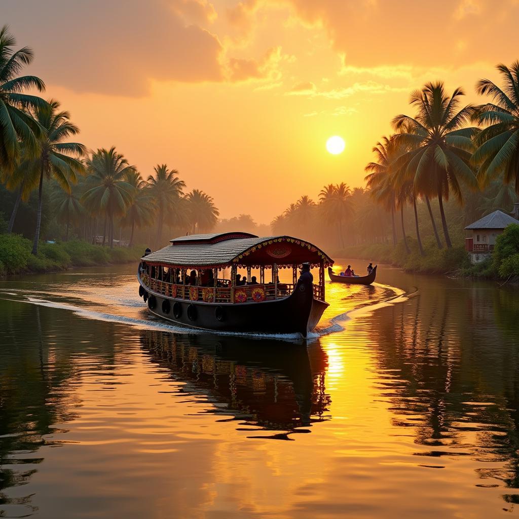 Houseboat cruising on Kerala backwaters at sunset