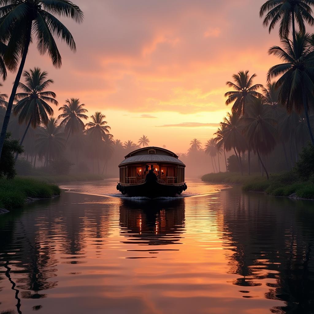 A tranquil sunset over the Kerala backwaters with a traditional houseboat in the foreground.