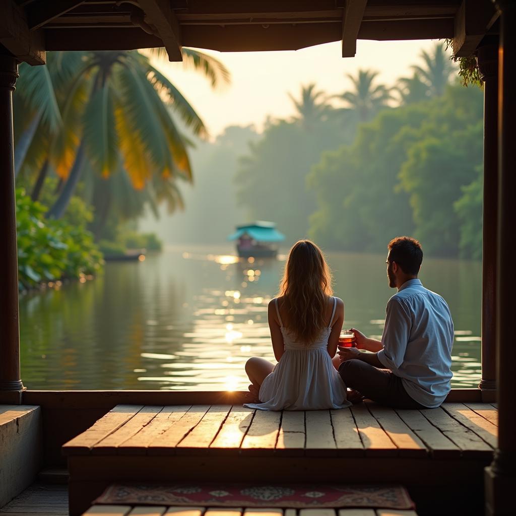 Couple relaxing on a houseboat in the Kerala backwaters