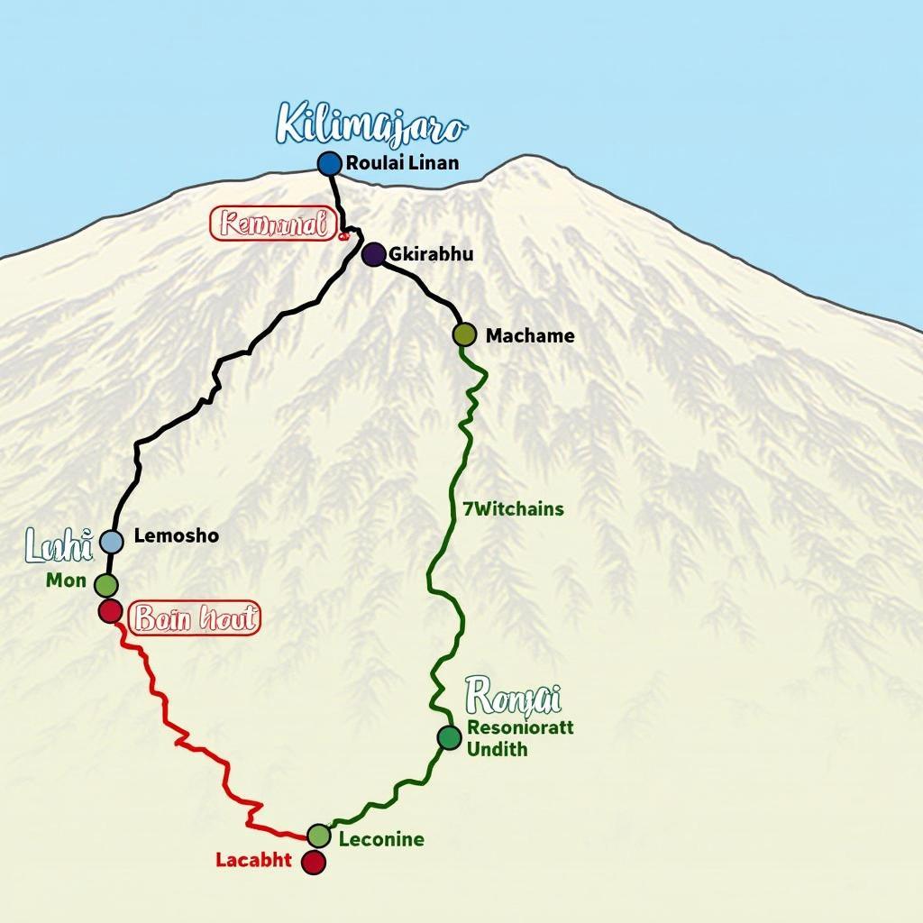 Map showing different routes up Mount Kilimanjaro