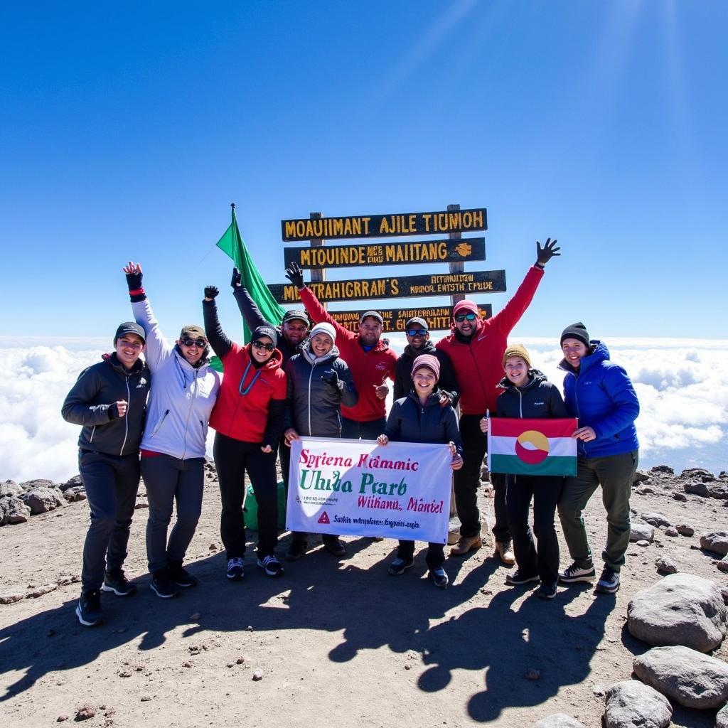 Climbers celebrating at the summit of Mount Kilimanjaro