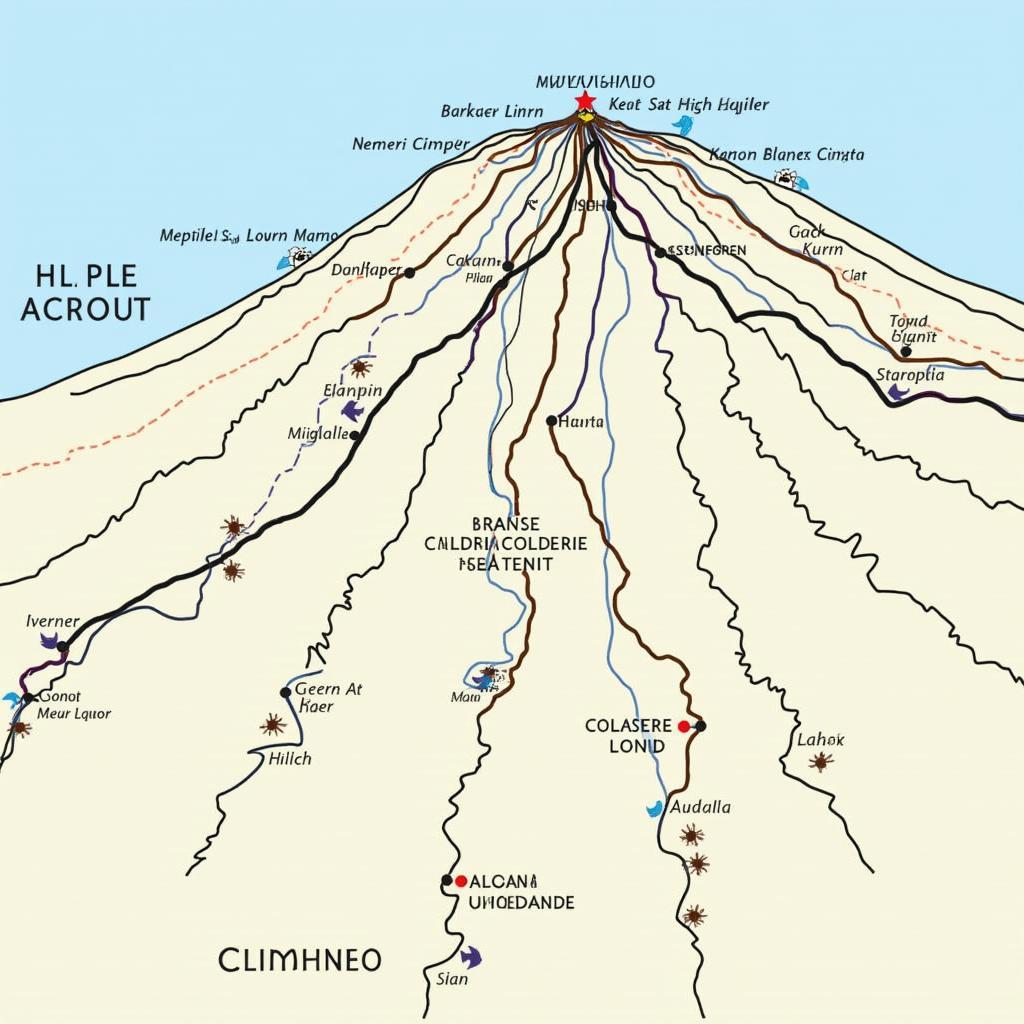 Map showing various climbing routes on Mount Kilimanjaro with detailed descriptions.