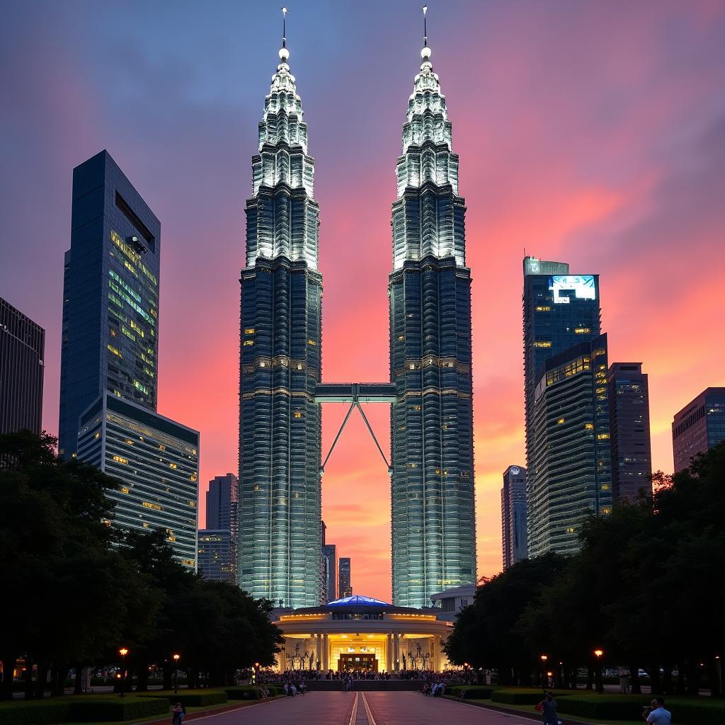 Petronas Twin Towers at sunset during a KL city tour