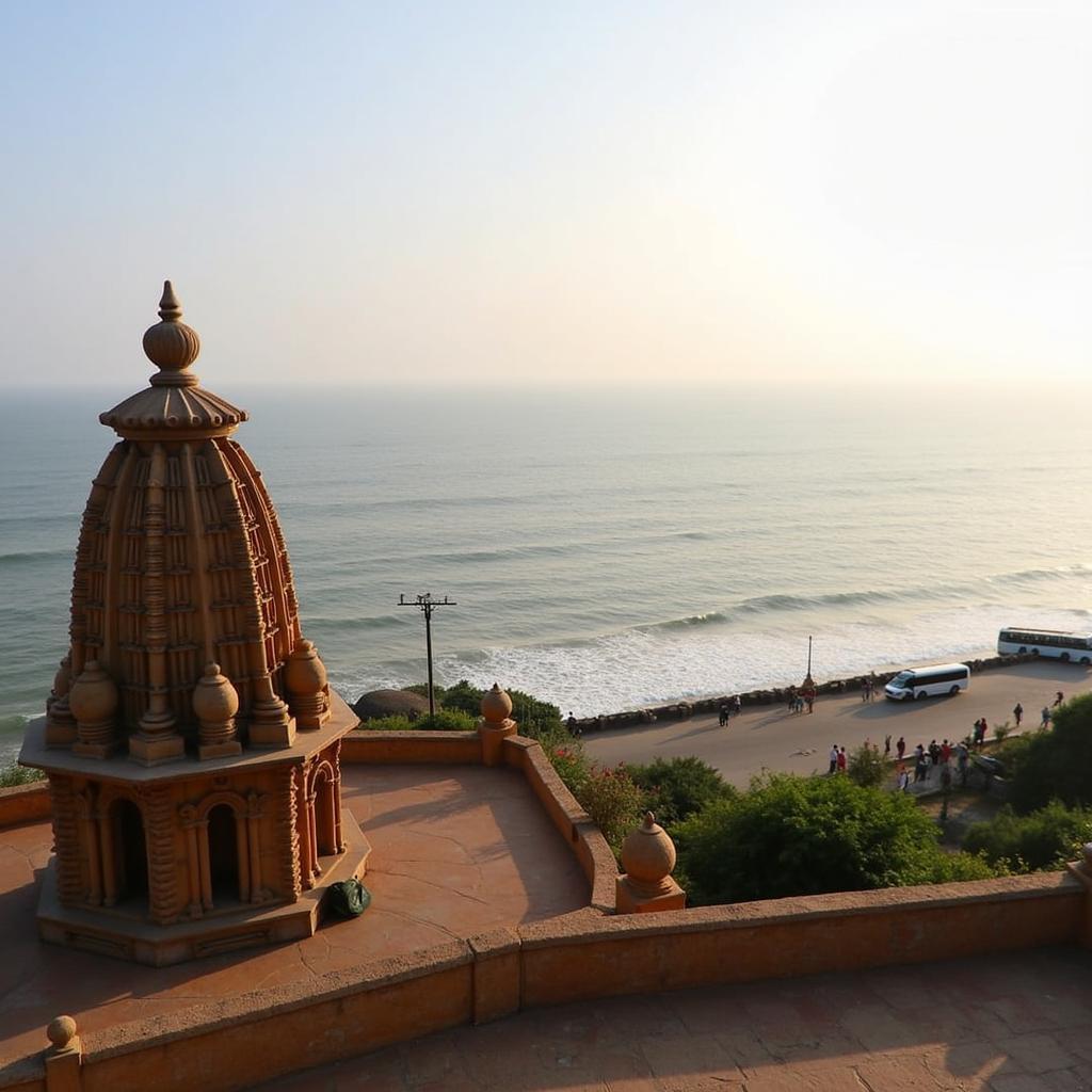 Scenic view of the Konkan coast with a temple in the foreground and a tour bus in the distance.