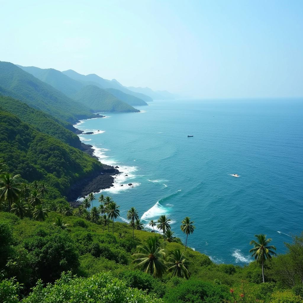 Scenic view of the Konkan coastline with clear blue water and lush green hills