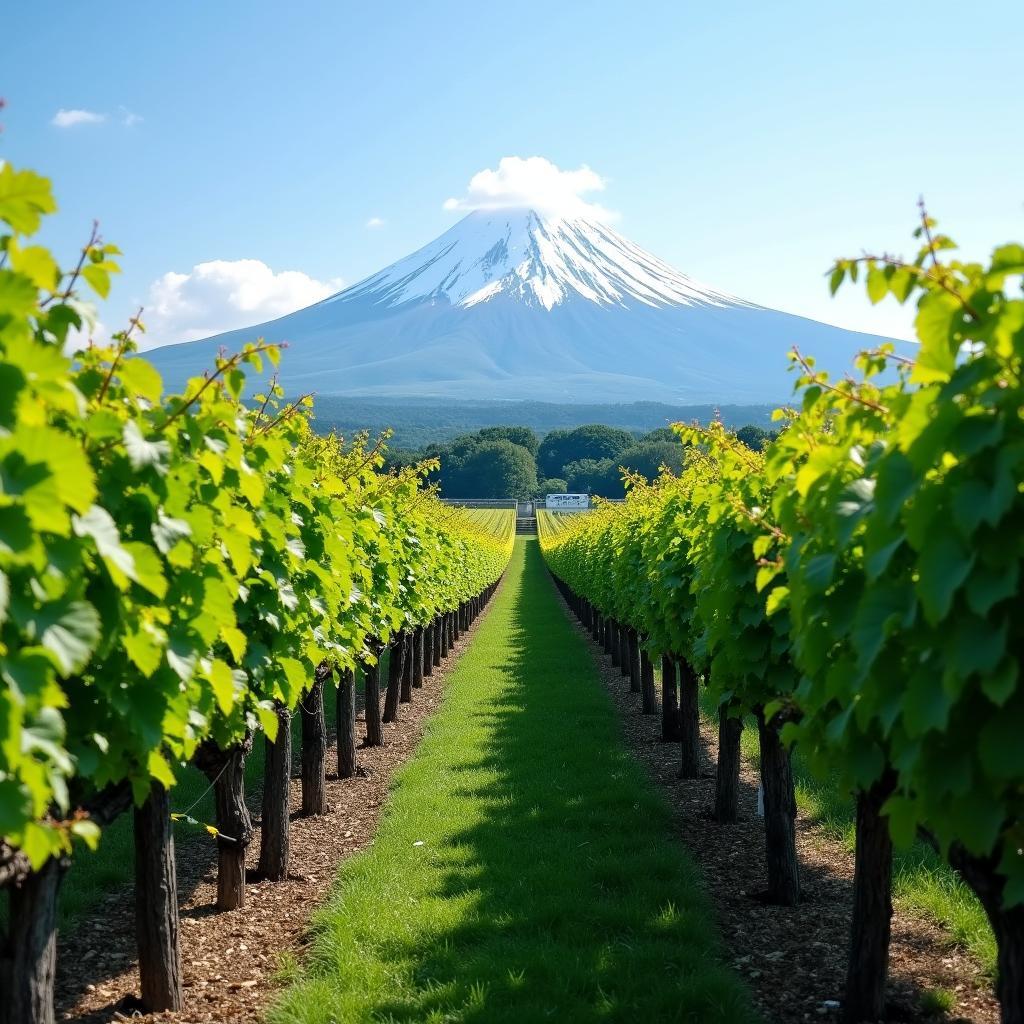 Rows of Koshu grape vines with Mount Fuji in the background, Yamanashi, Japan