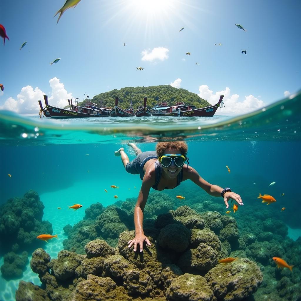 Snorkeling in the crystal-clear waters during a private 4 Island Tour in Krabi, Thailand.