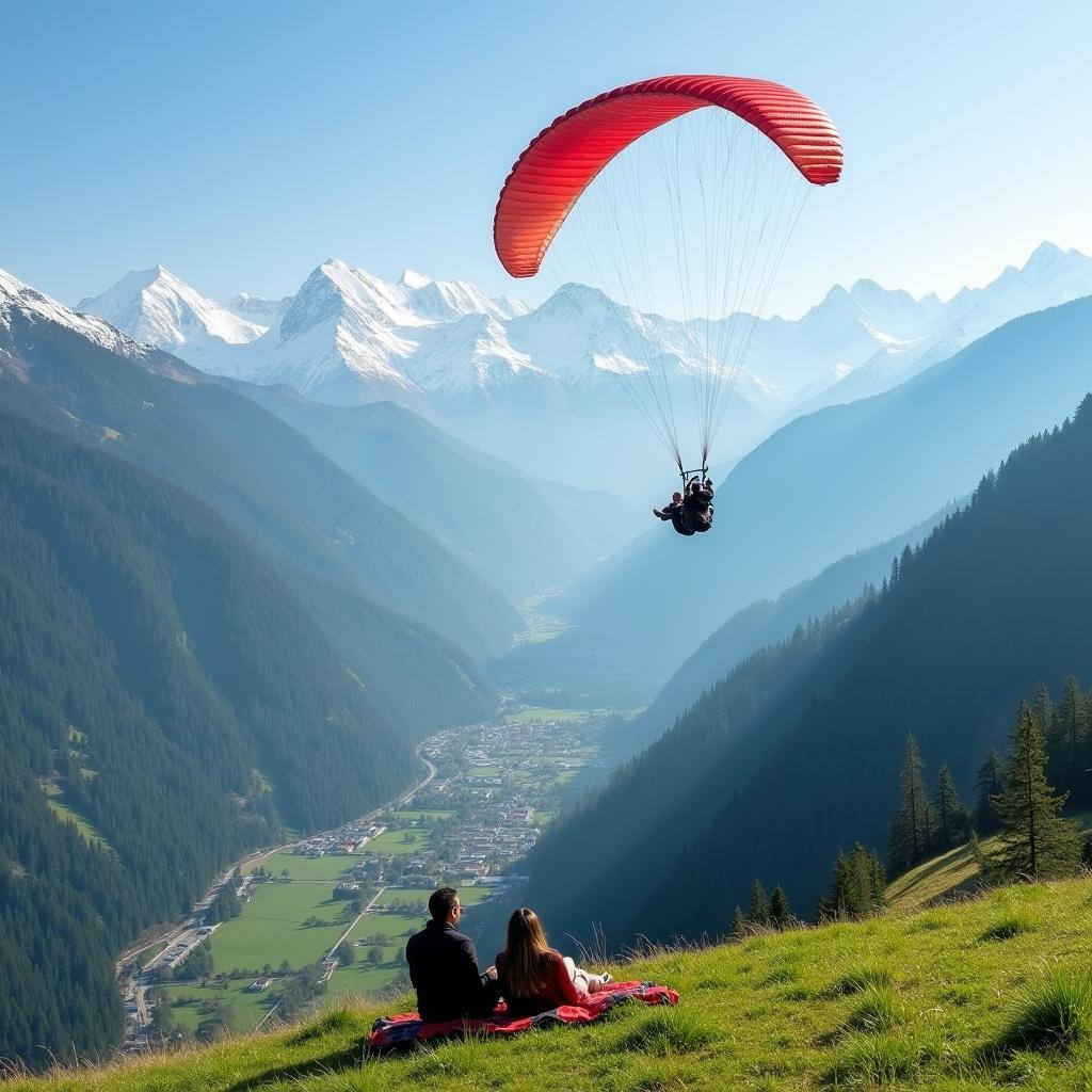 Couple paragliding in Kullu Valley during their honeymoon