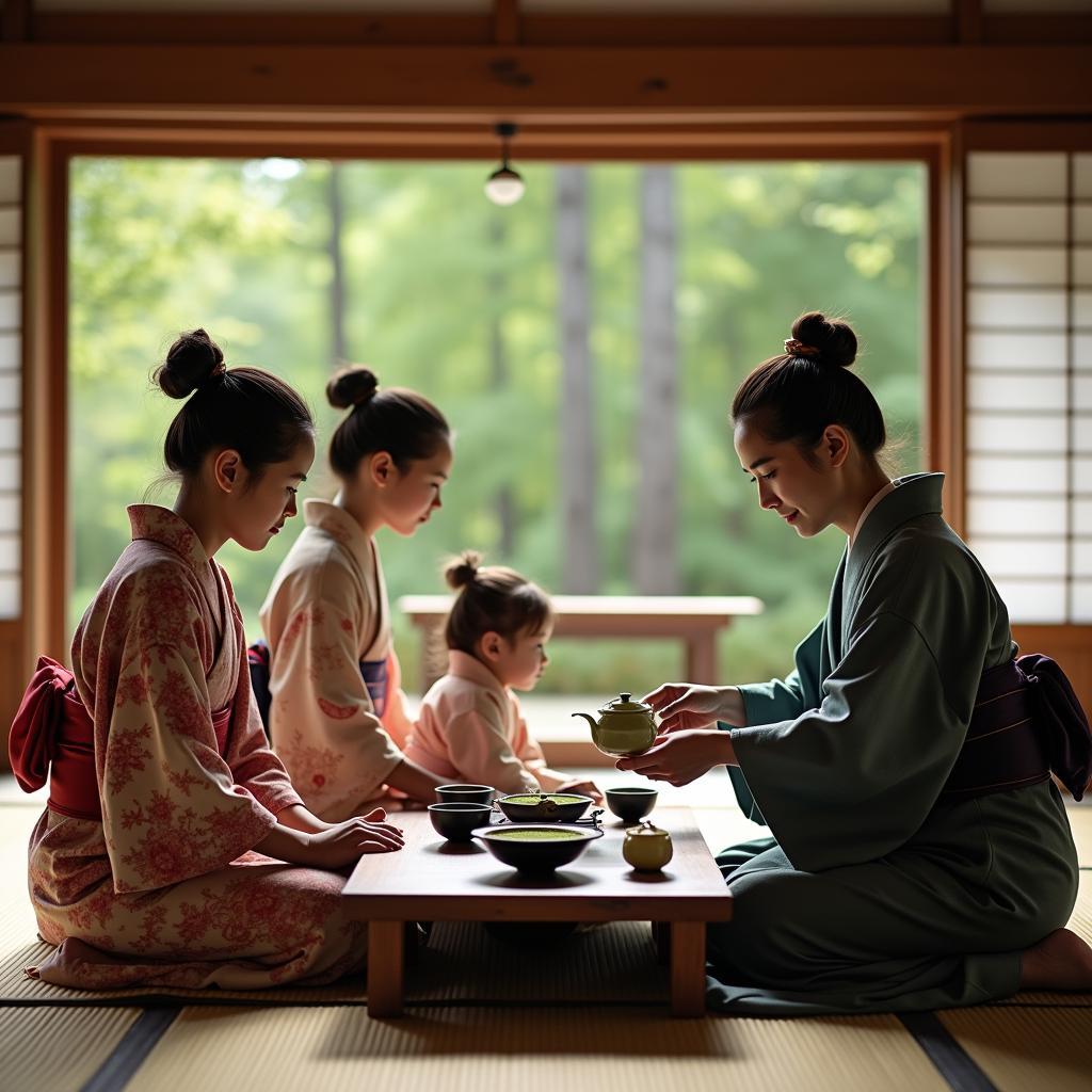 Family participating in a traditional Japanese tea ceremony in Kyoto