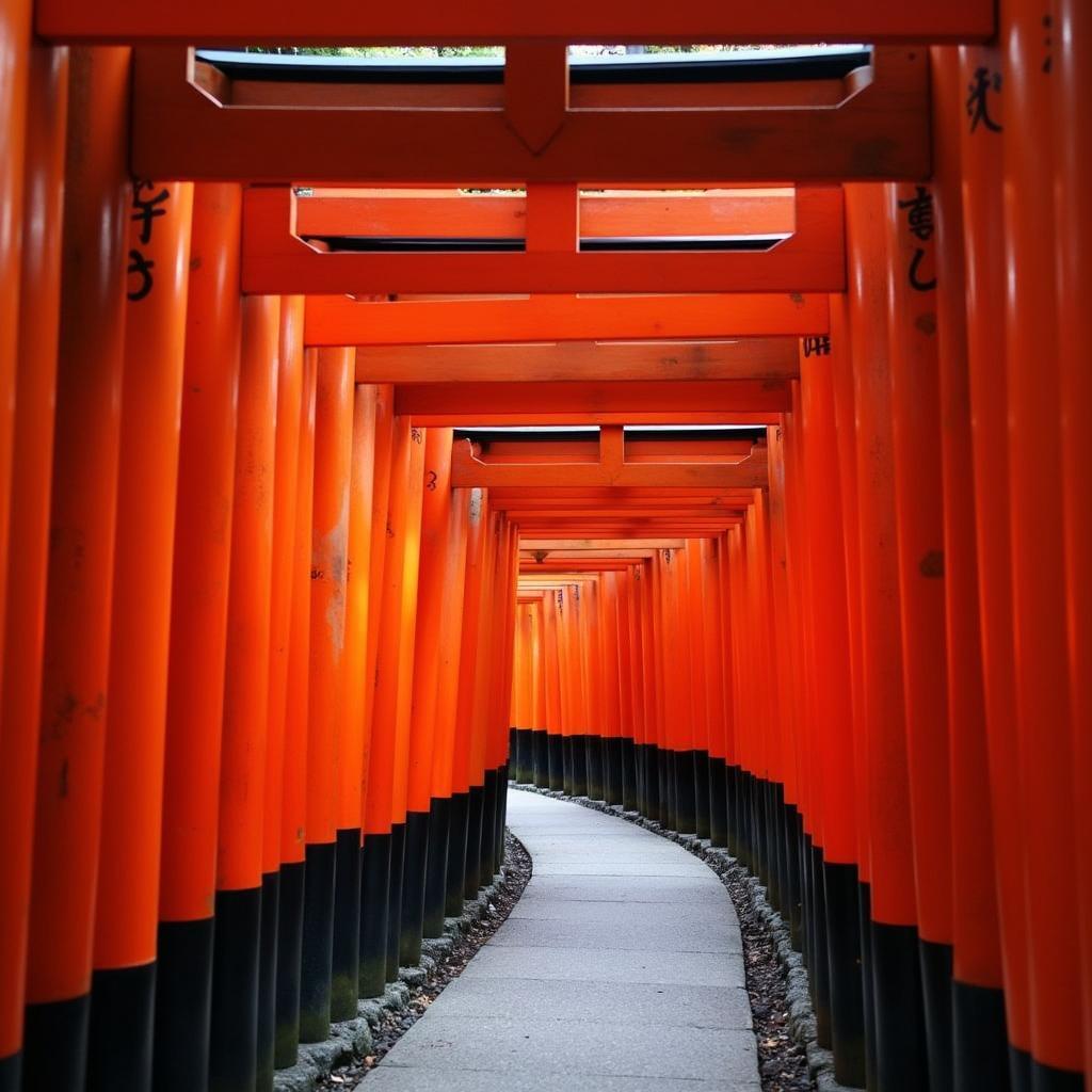 Thousands of vibrant red torii gates winding up the mountain at Fushimi Inari Shrine in Kyoto