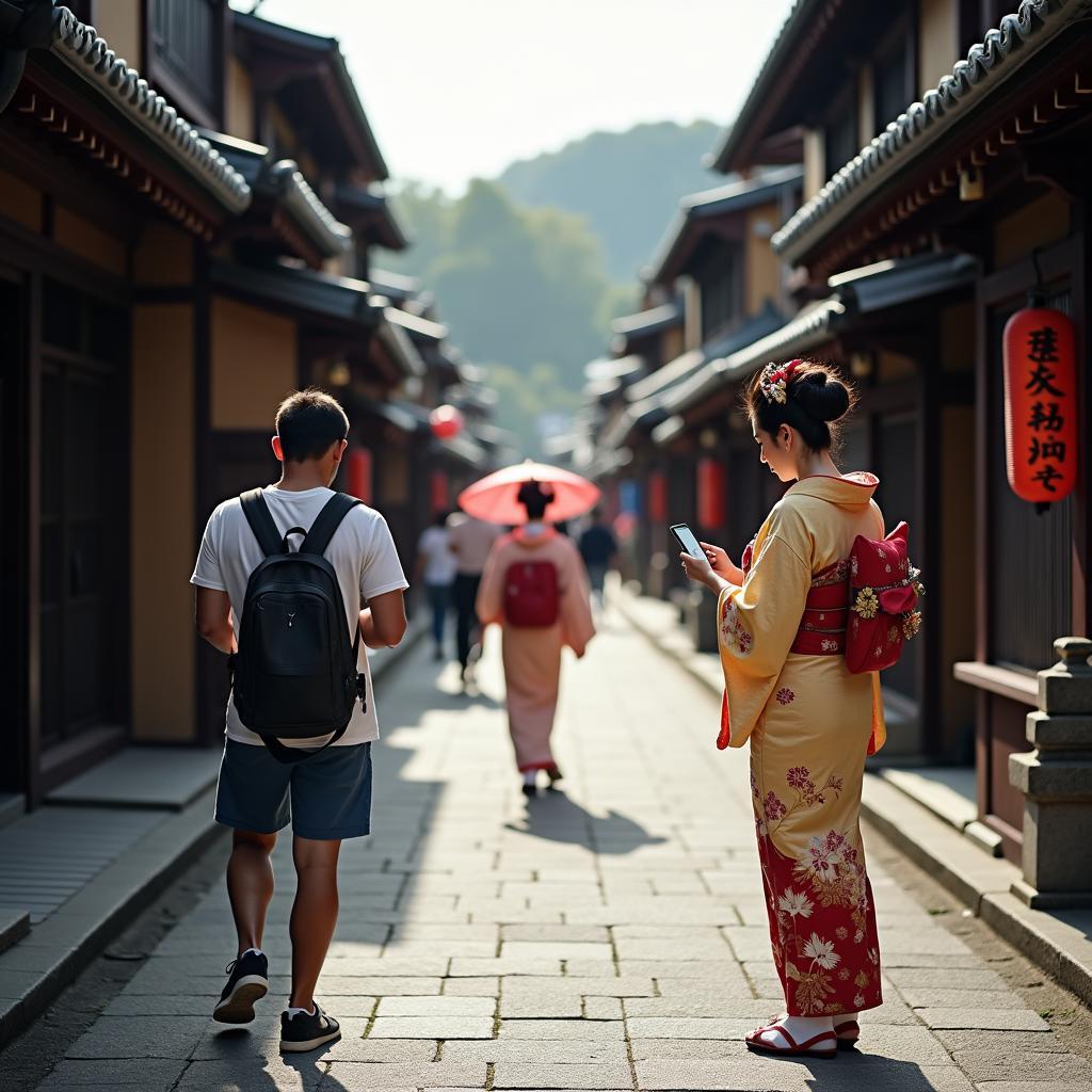 A visitor checks cricket scores while admiring a geisha in Kyoto.