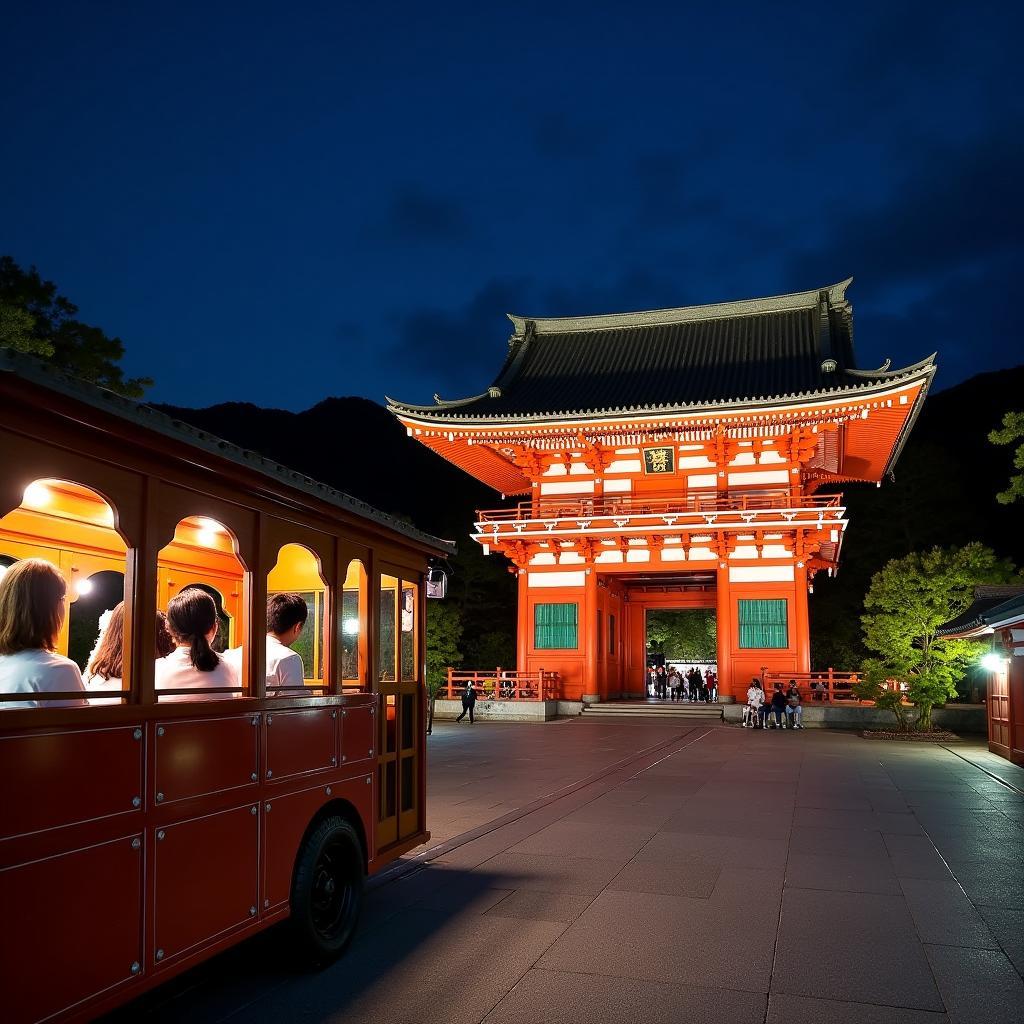 Kyoto's Kiyomizu-dera Temple illuminated under the moonlight from a trolley tour perspective.