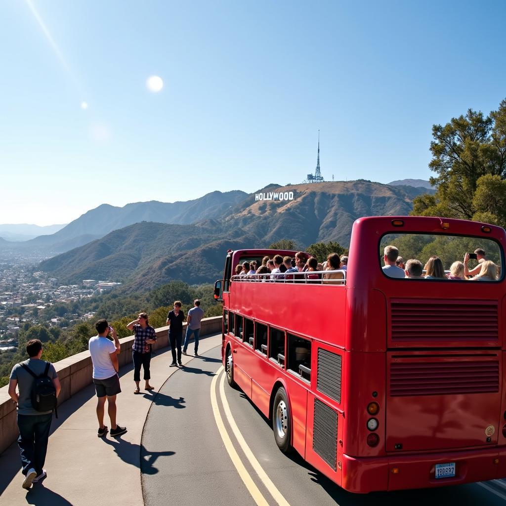 A tour bus stops at a scenic viewpoint overlooking the iconic Hollywood Sign in Los Angeles.