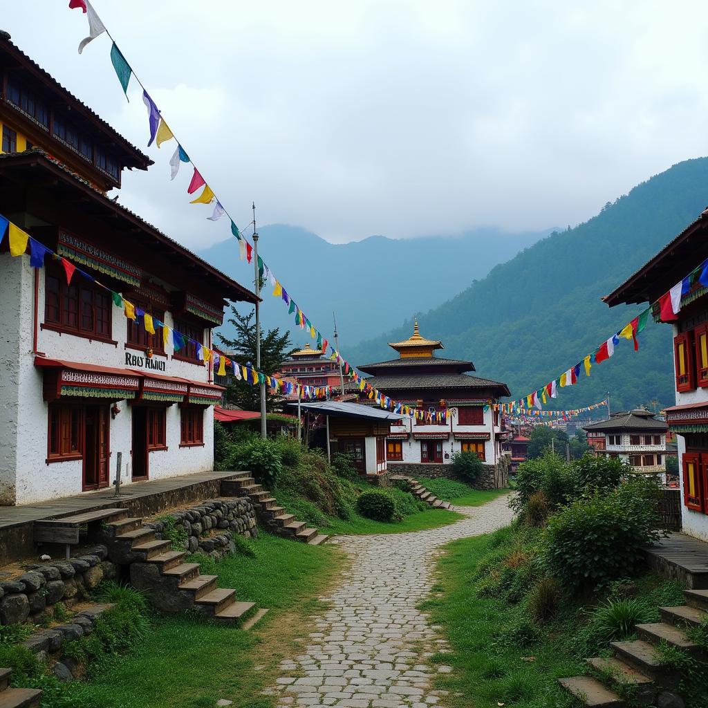 View of Lachung village with a traditional monastery in the foreground