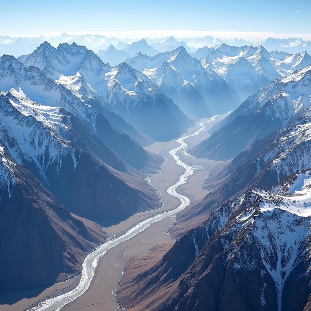 Aerial view of the Ladakh mountain range with snow-capped peaks and valleys