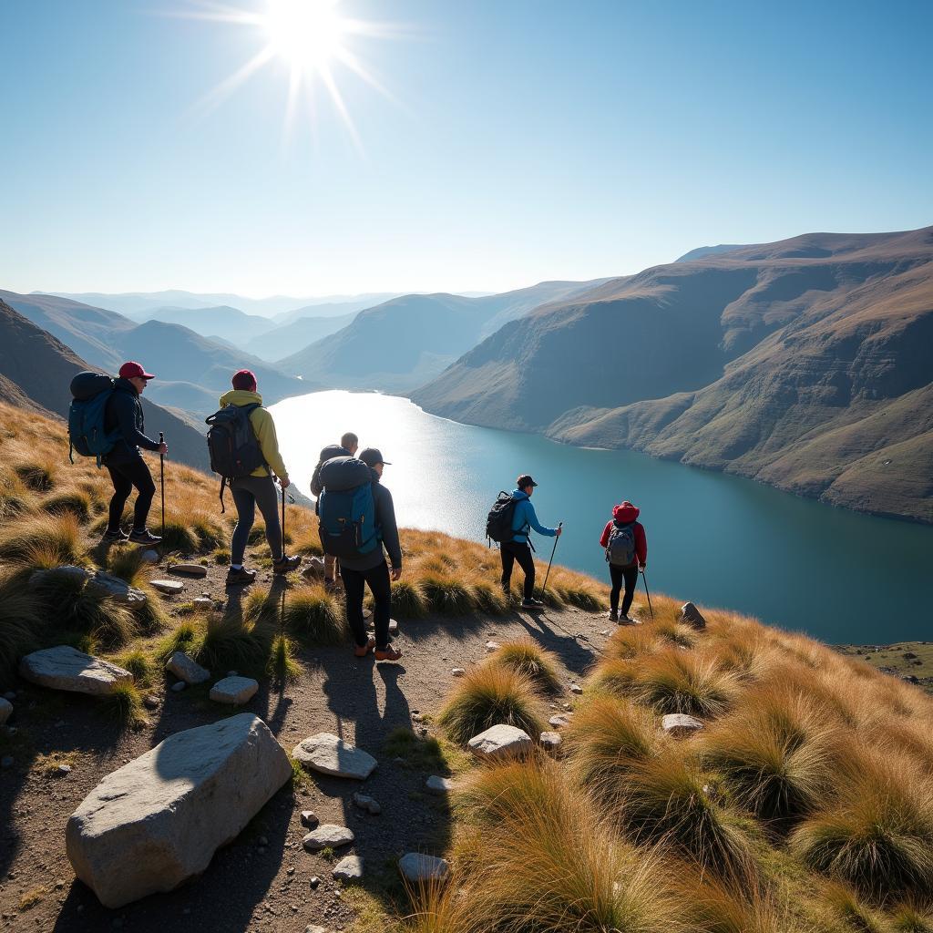 Lake District Hiking Tour: Hikers enjoying a scenic view of the mountains and lakes during a guided hiking tour in the Lake District National Park, England.