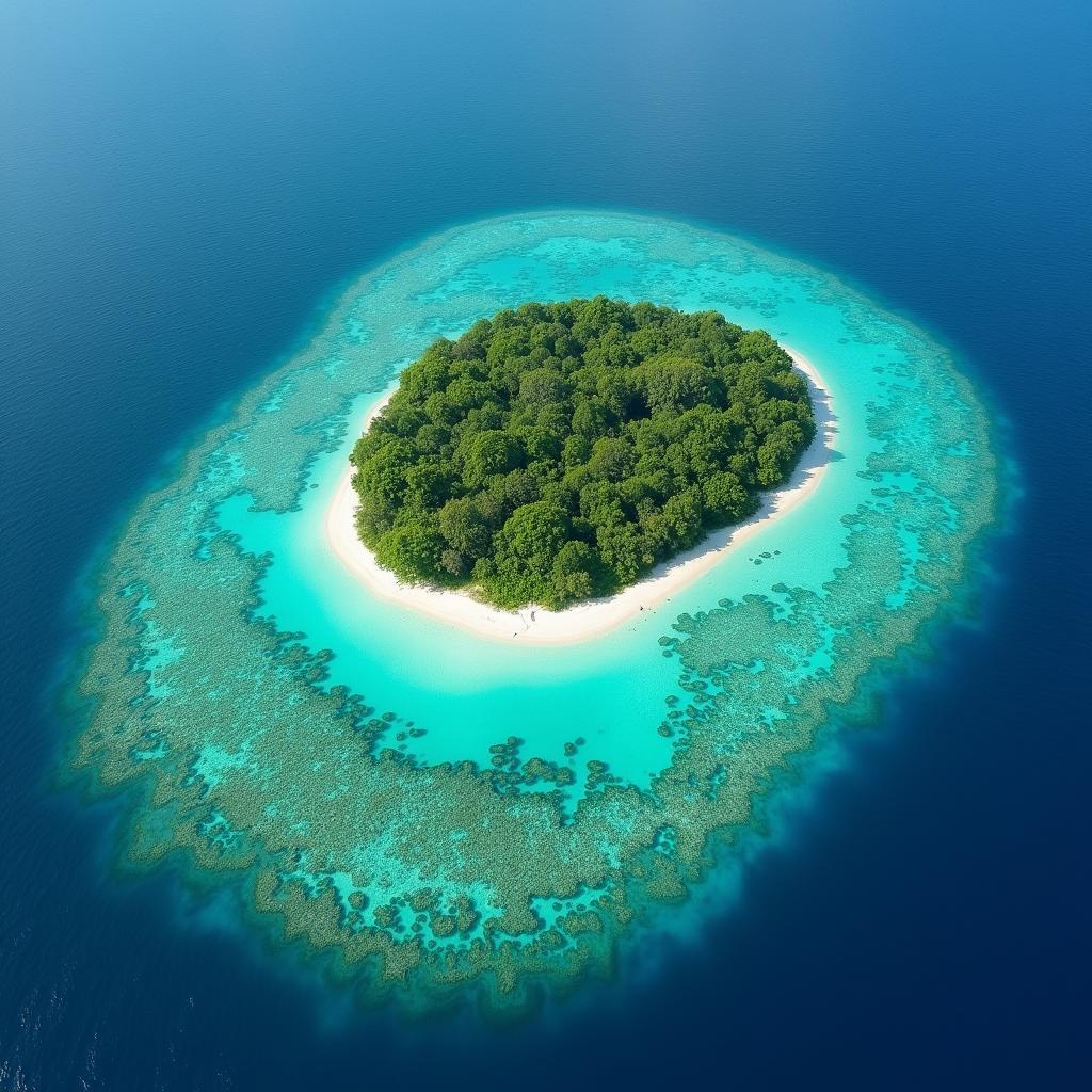 Aerial view of a Lakshadweep island showing the turquoise water and coral reefs