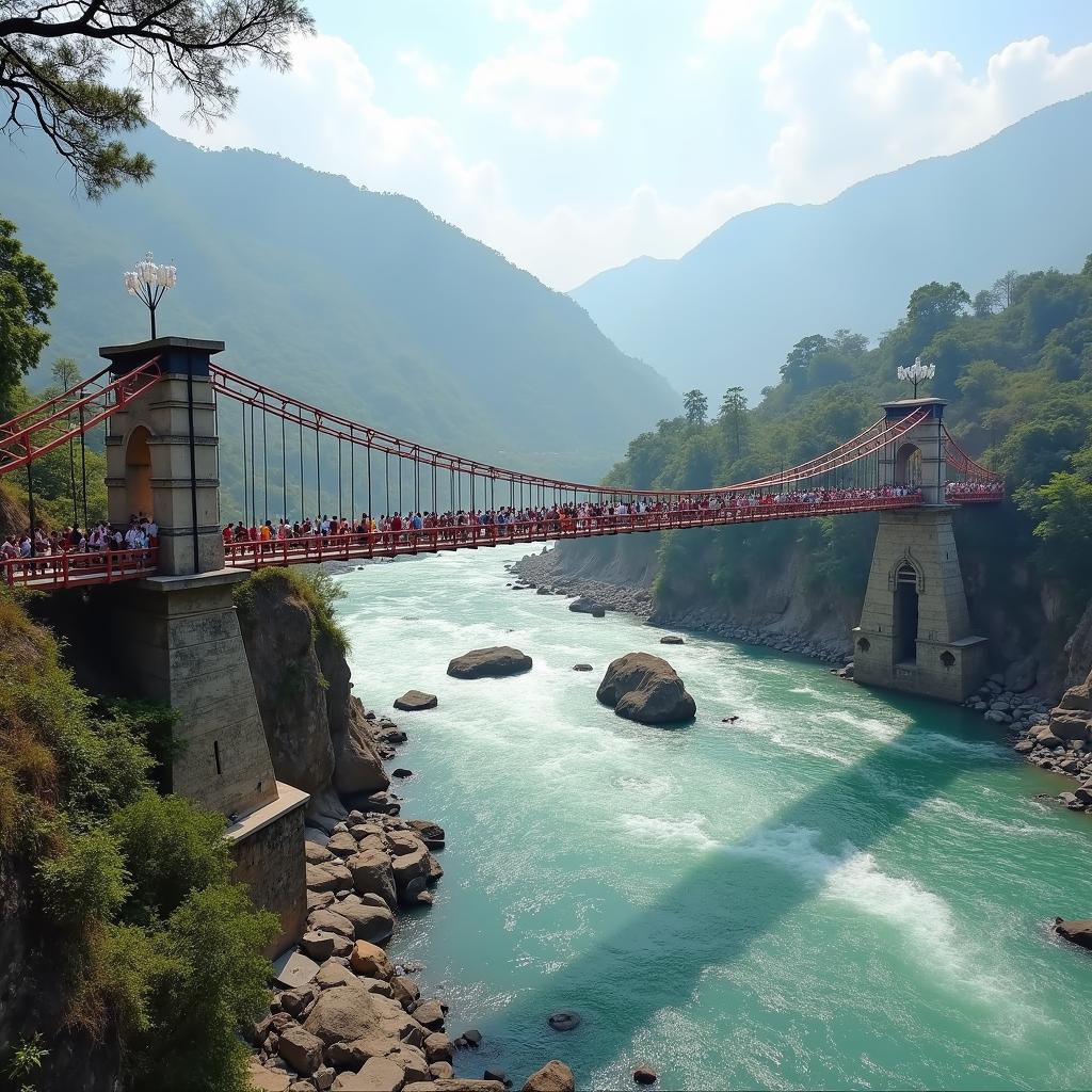 Crossing the Laxman Jhula suspension bridge in Rishikesh