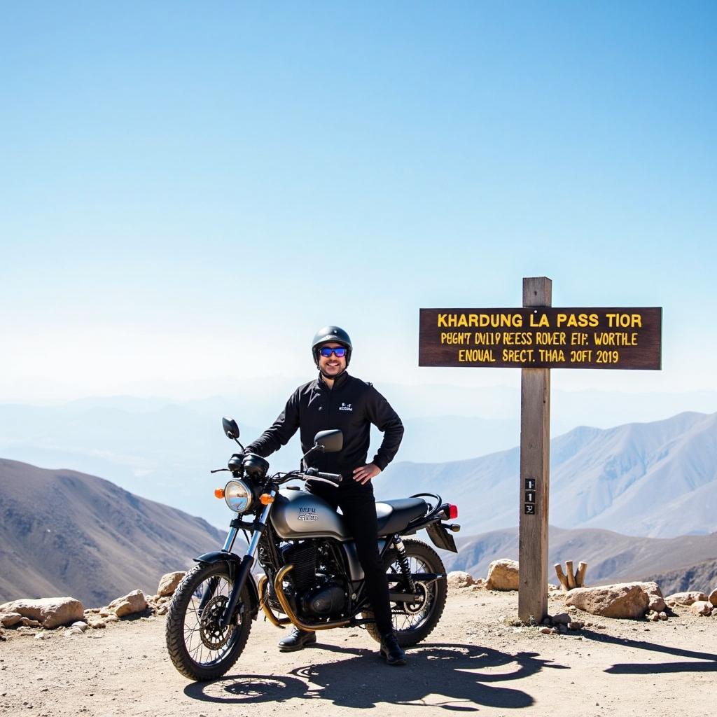 Motorcyclist conquering the highest motorable road at Khardung La Pass