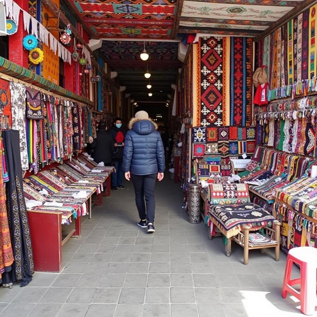 Vibrant textiles and handicrafts on display at a local market in Leh Ladakh