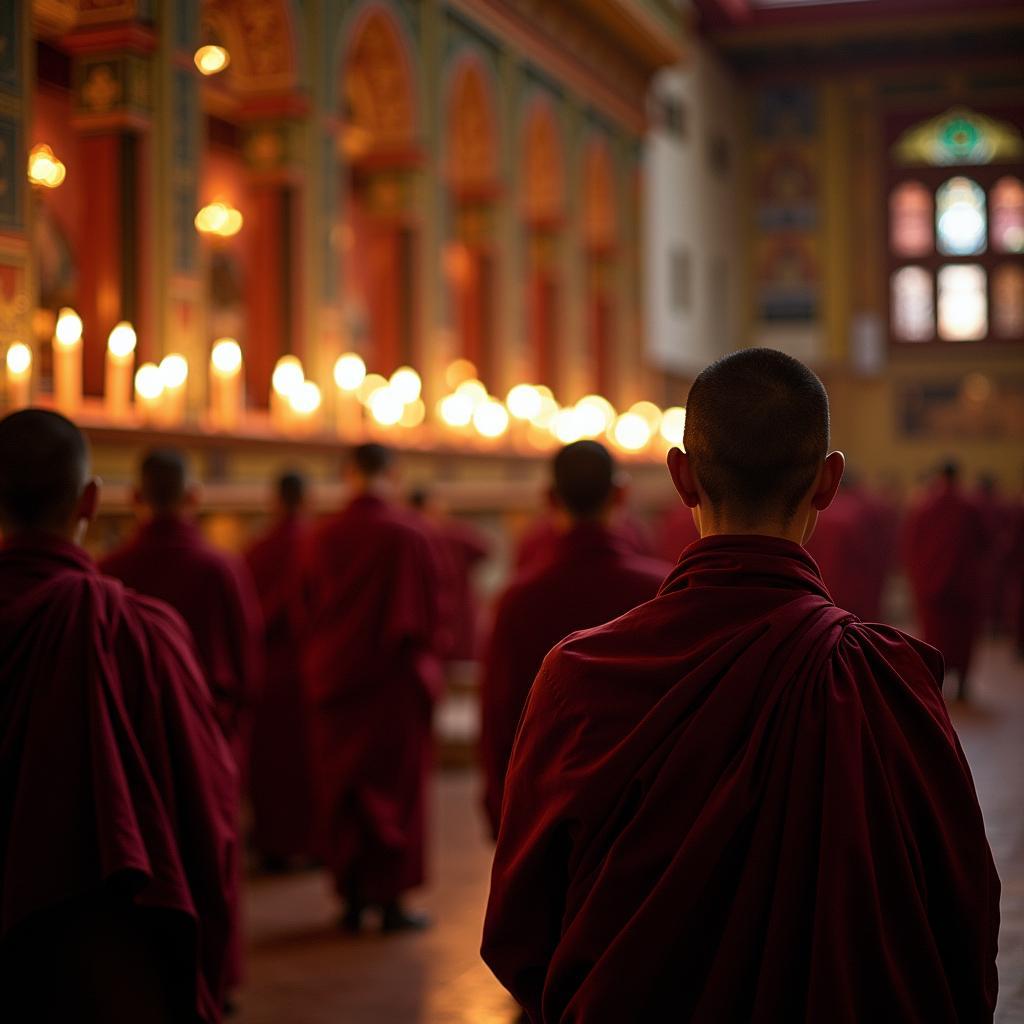 Monks praying inside the Thiksey Monastery in Ladakh, India