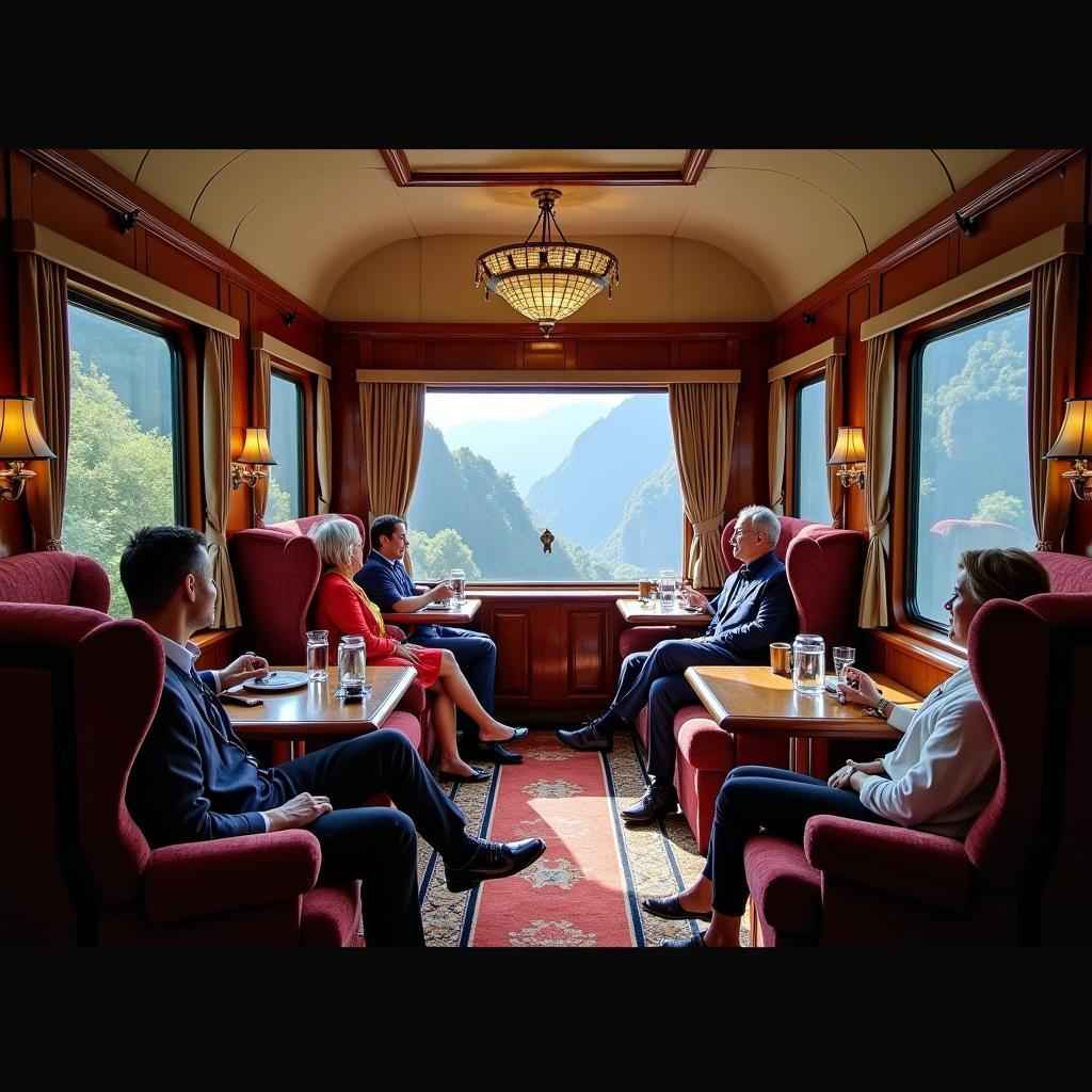 Interior view of a luxury train carriage on the way to Machu Picchu, showcasing comfortable seating and panoramic windows.