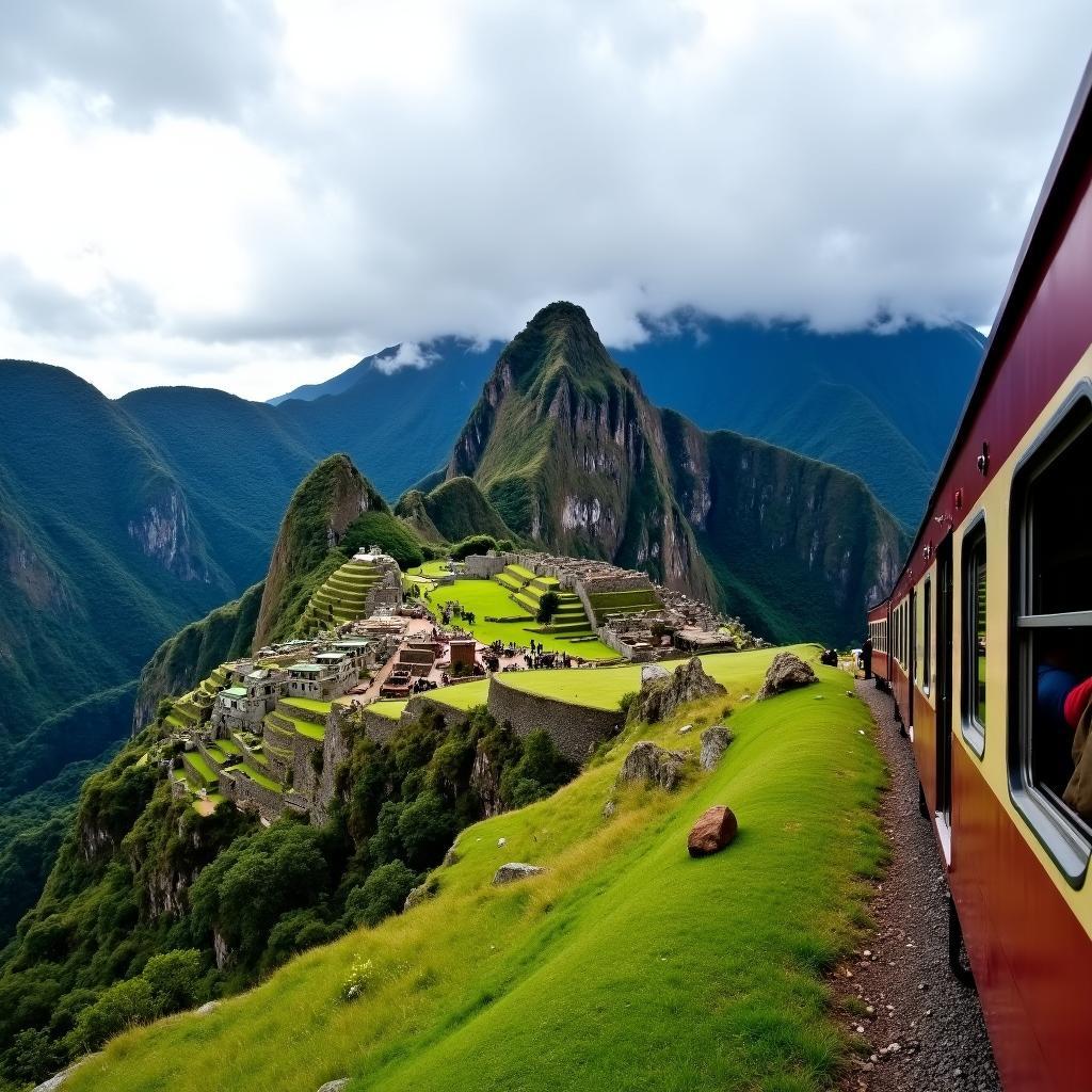 Panoramic view of the train journey to Machu Picchu, showcasing the lush green landscapes and mountainous terrain.