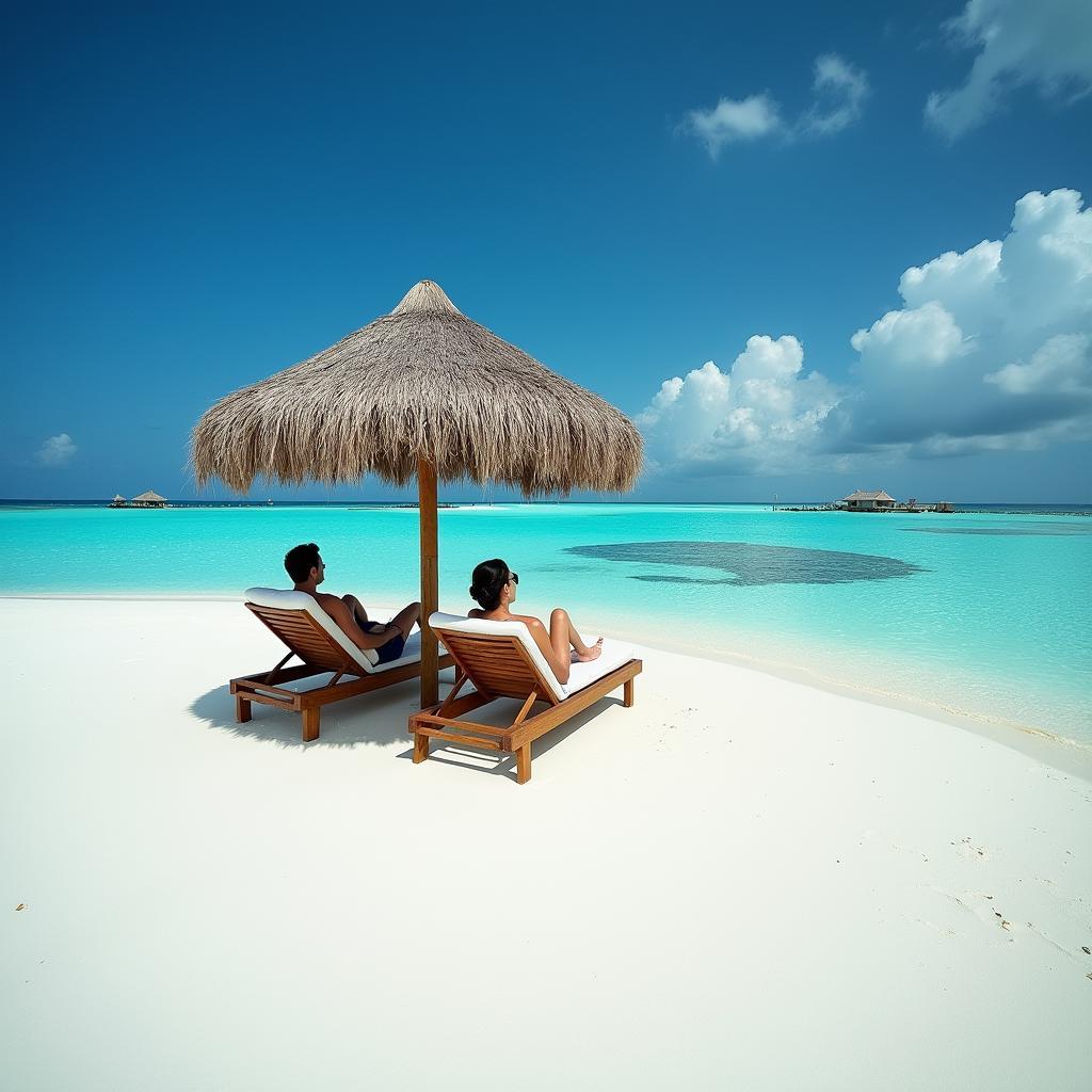 Couple relaxing on a pristine Maldivian beach