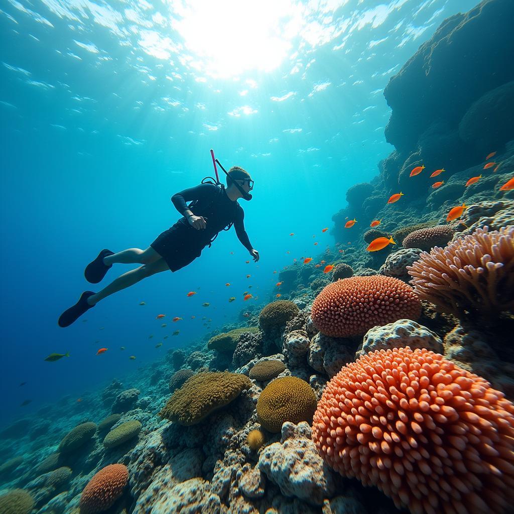 Snorkeling in a Maldives coral reef with colorful tropical fish