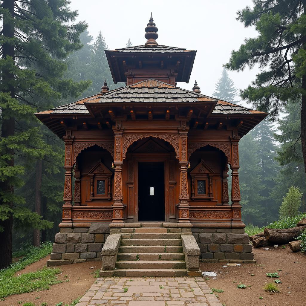 Hadimba Devi Temple in Manali: Intricate wooden architecture surrounded by towering cedar trees, a peaceful sanctuary amidst the bustling town.