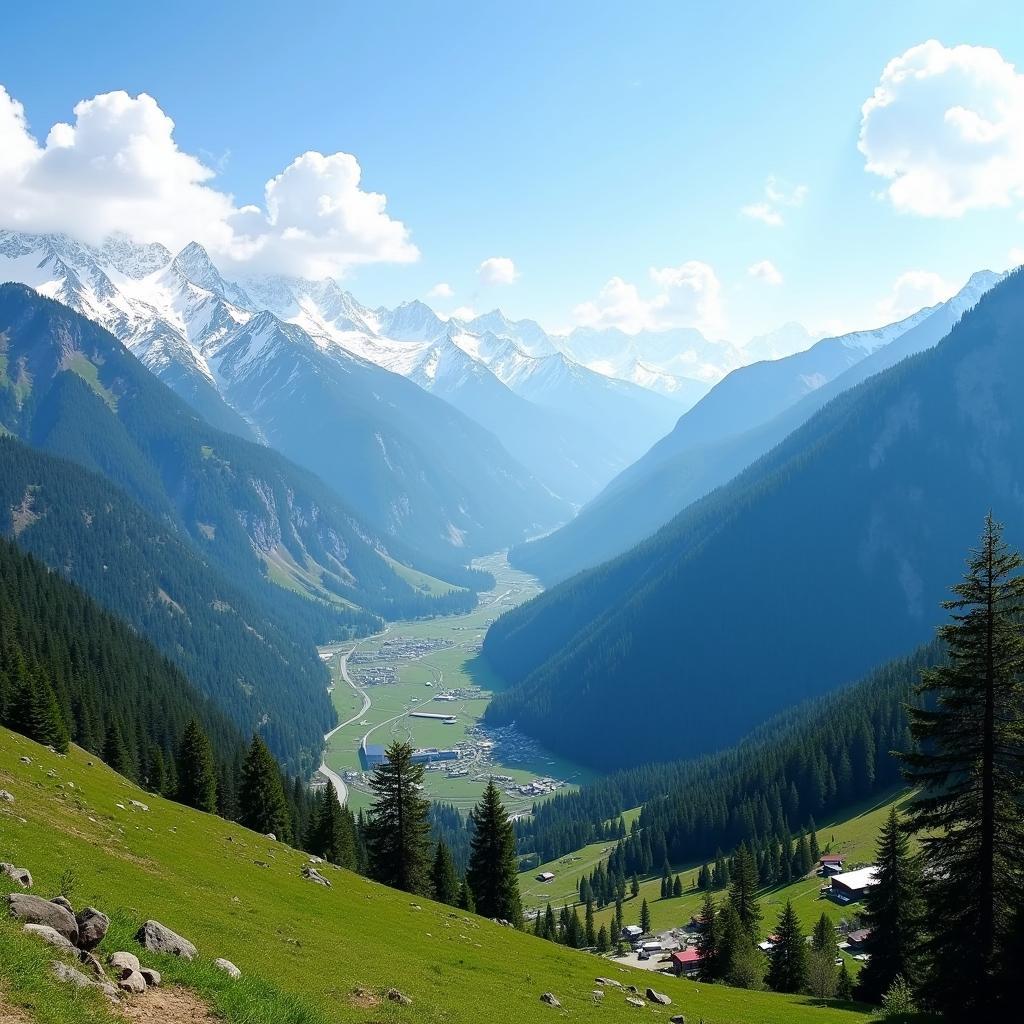 Scenic view of snow-capped mountains and lush green valleys in Himachal Pradesh during a Manali Kasol tour.