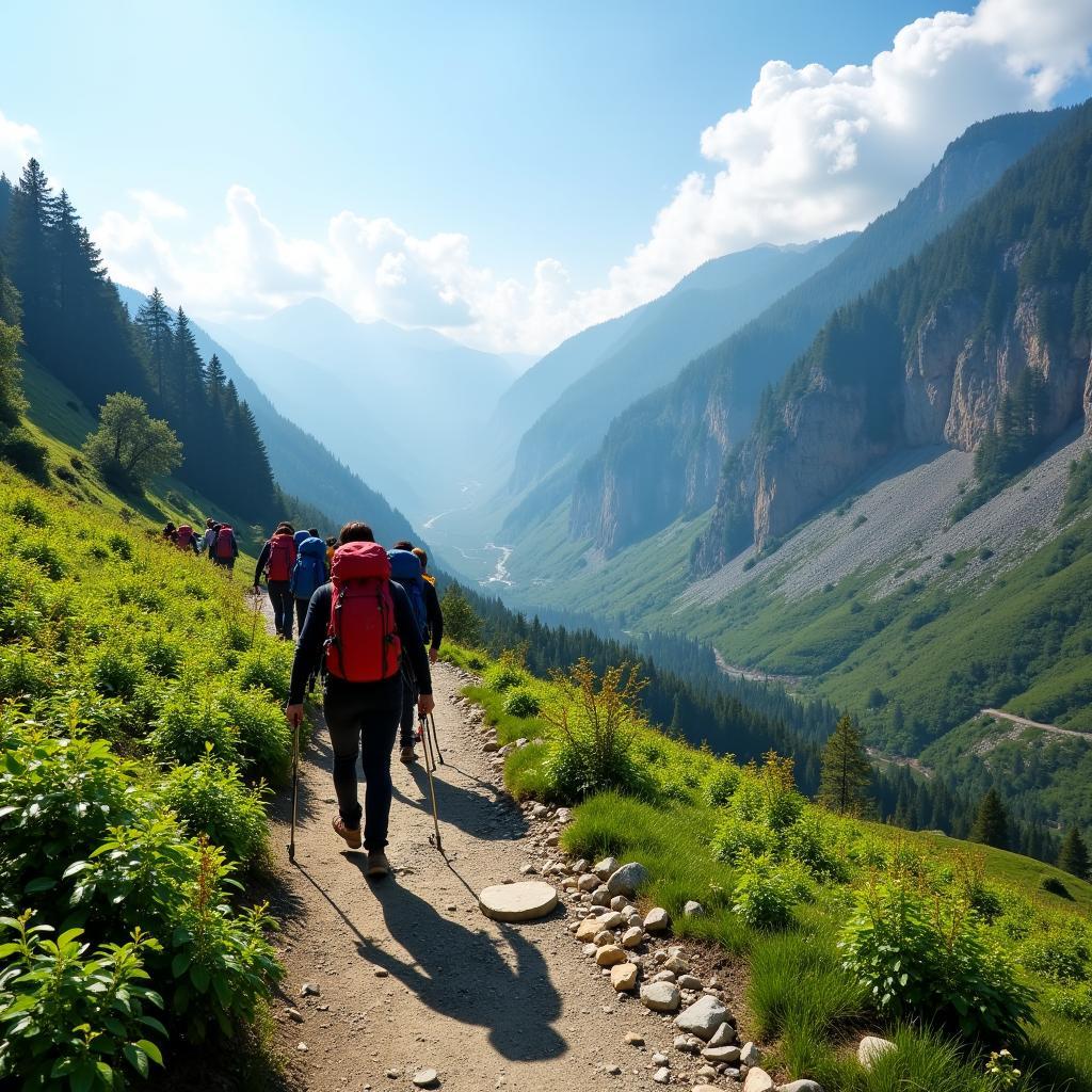 Tourists trekking through lush green trails in Manali during summer.