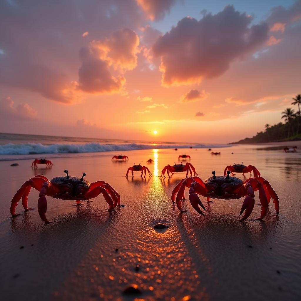 Mandarmani beach sunset with red crabs