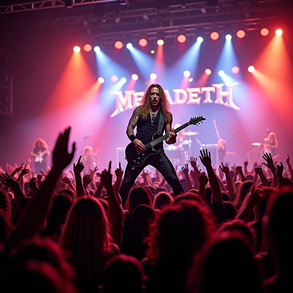 Megadeth performing live on stage in the United States, captivating the audience with their intense energy and powerful music.