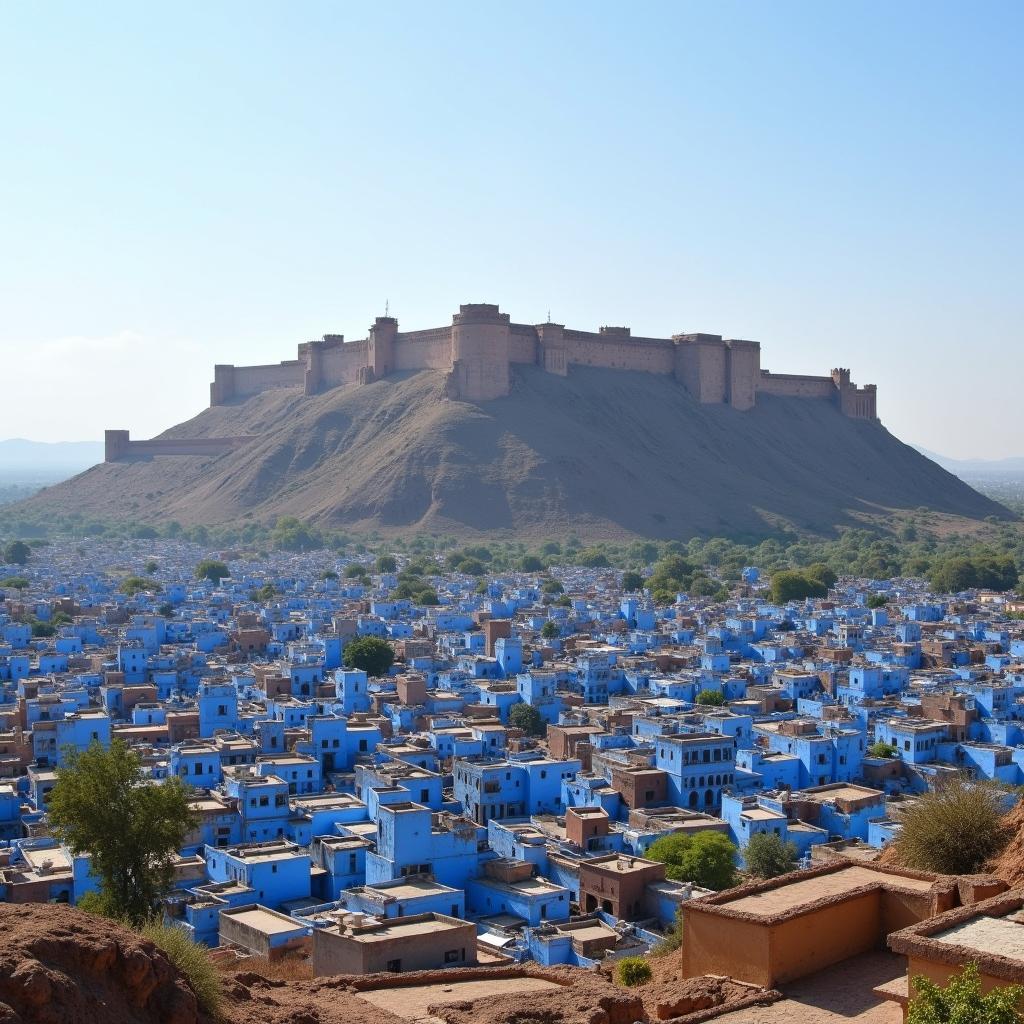 Mehrangarh Fort, Jodhpur, against the backdrop of the blue city.