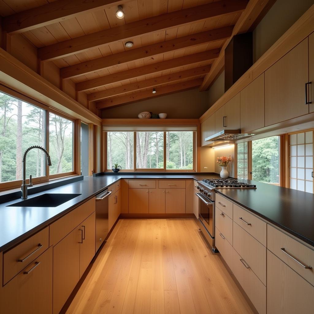 Modern Japanese kitchen with traditional elements like wooden accents and shoji screens