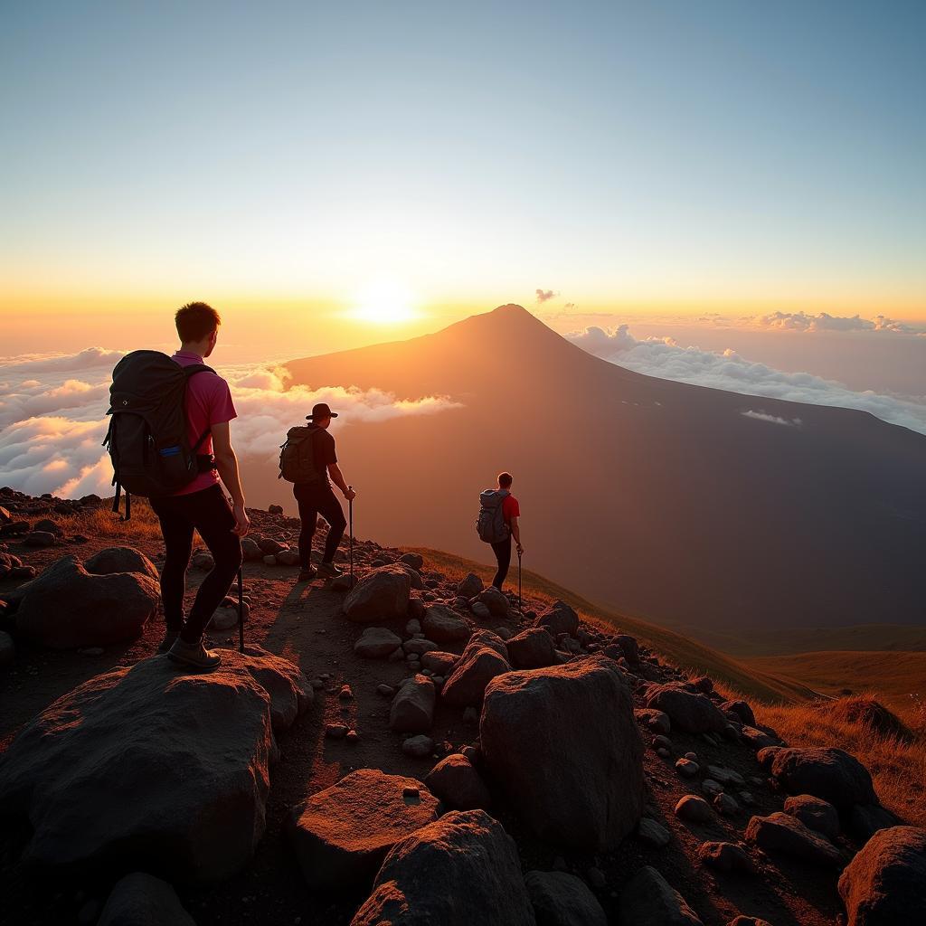 Trekkers reaching the summit of Mount Batur as the sun begins to rise, illuminating the volcanic landscape and surrounding caldera.