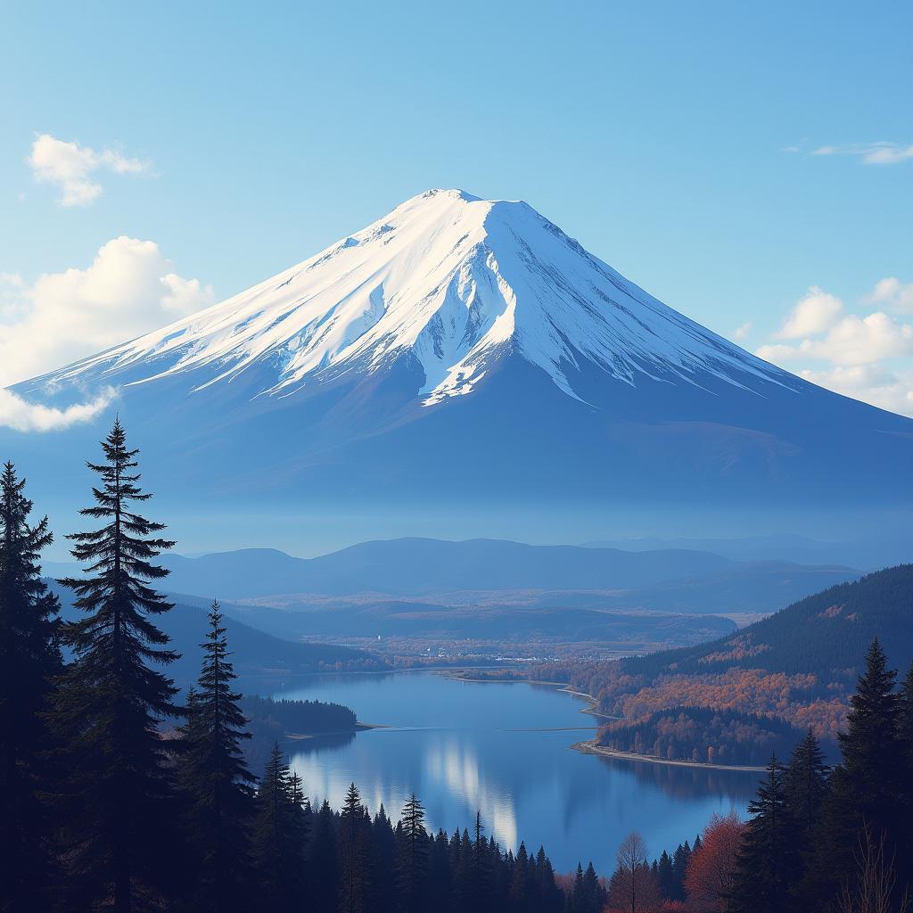 Mount Fuji, a majestic symbol of Japan, stands tall against a clear blue sky.