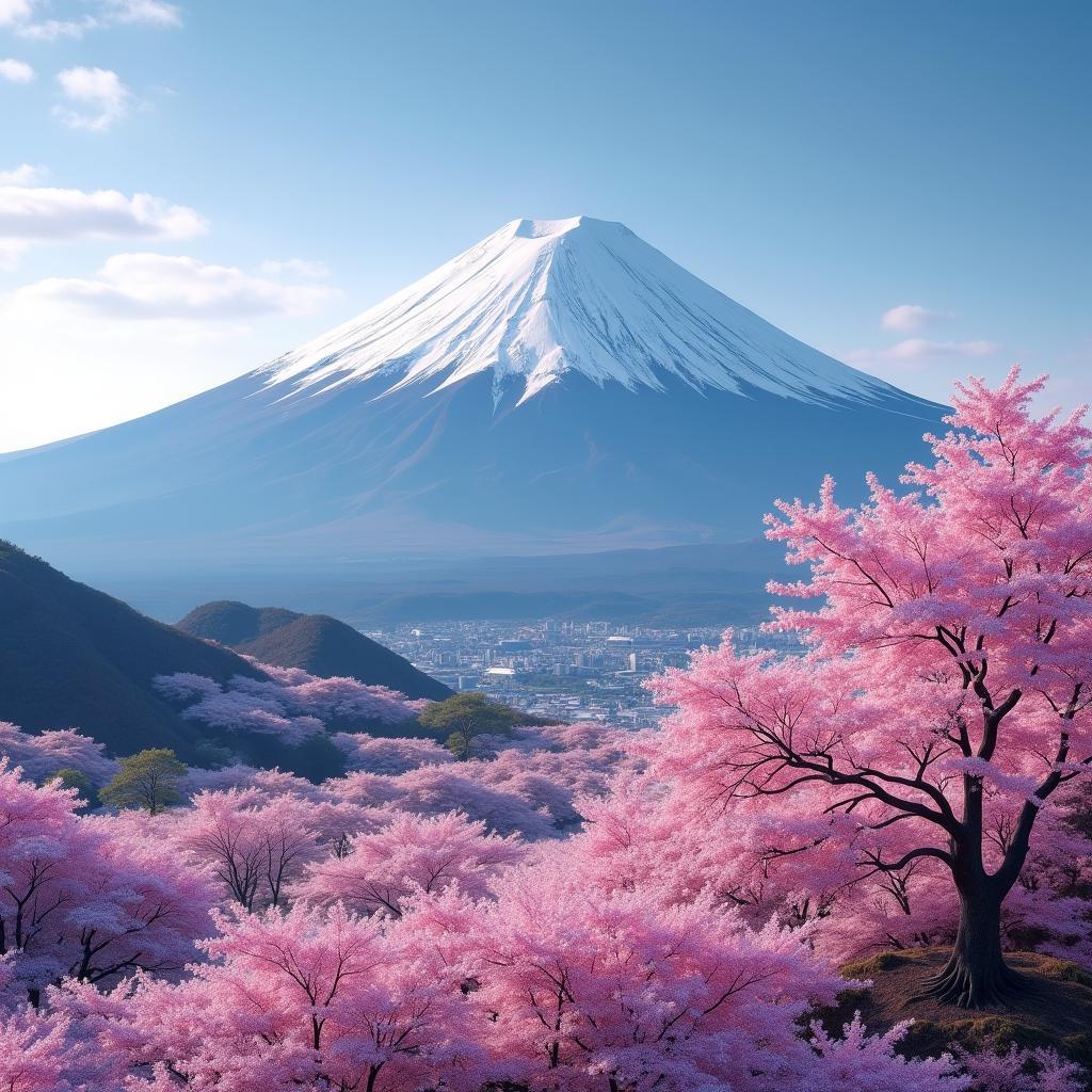 Mount Fuji rising above a landscape of cherry blossoms.