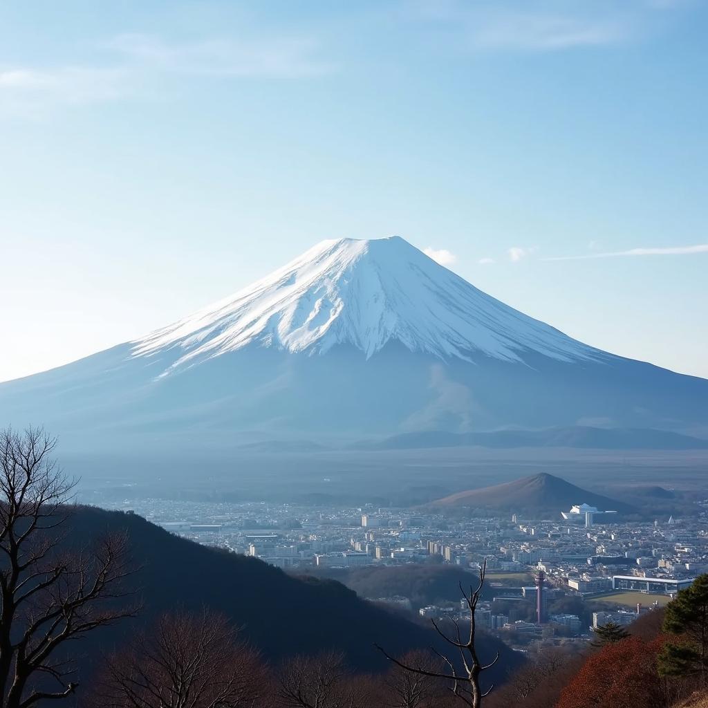 Mount Fuji, Japan, a majestic snow-capped peak rising above a serene landscape