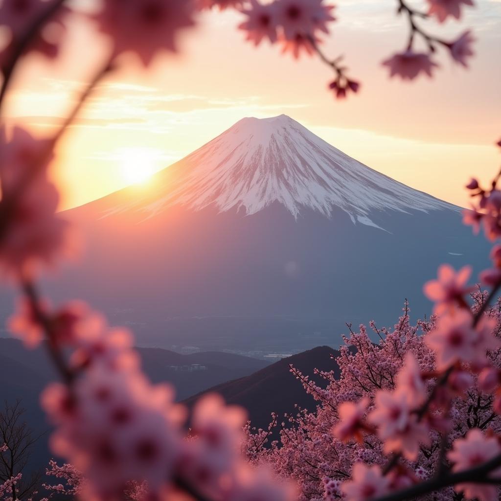 Mount Fuji at sunrise with cherry blossoms in the foreground, a classic image of Japan's natural beauty