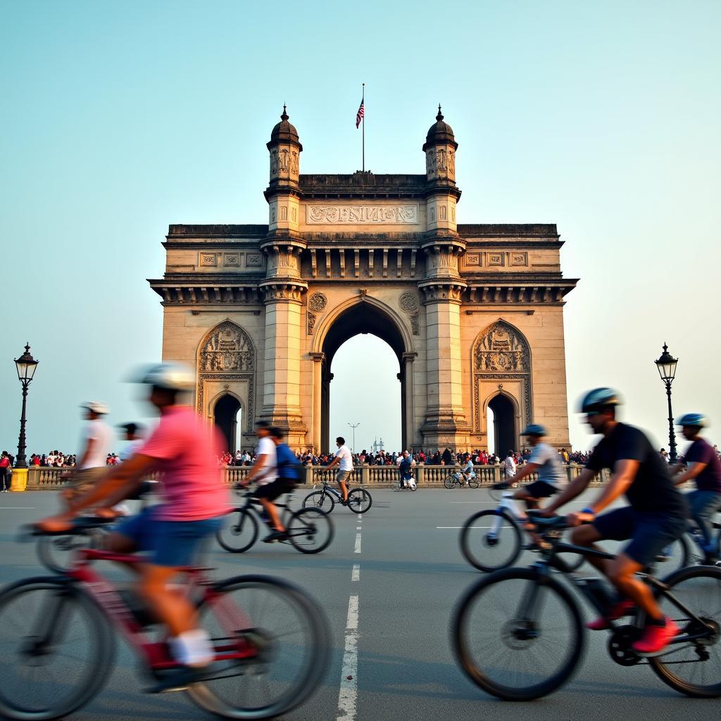 Cycling past the Gateway of India in Mumbai