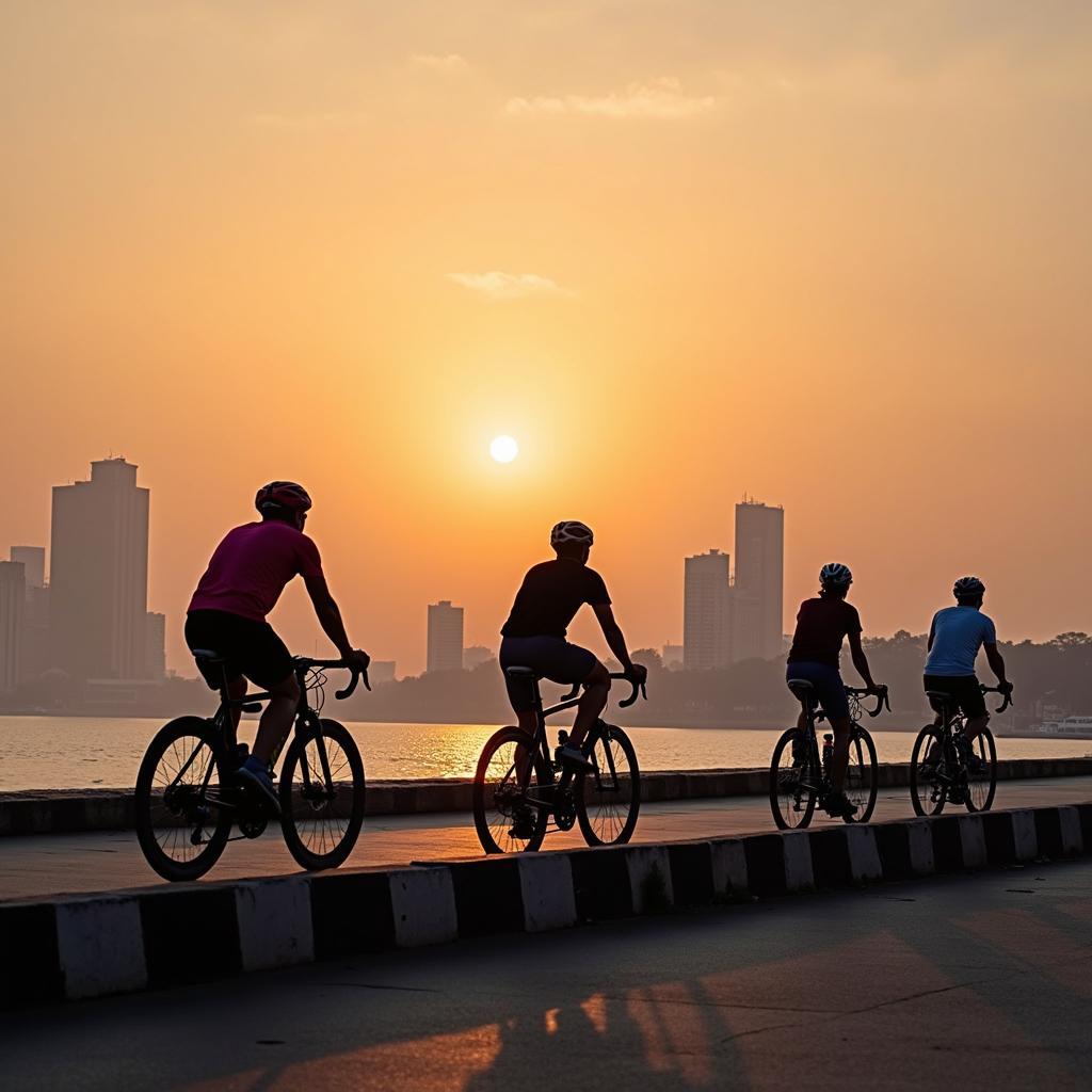 Cycling along Marine Drive at sunset in Mumbai