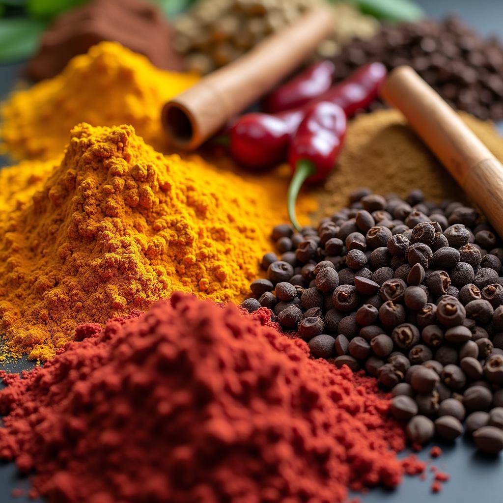 Close-up view of various colorful spices displayed at a spice plantation in Munnar, Kerala, India.