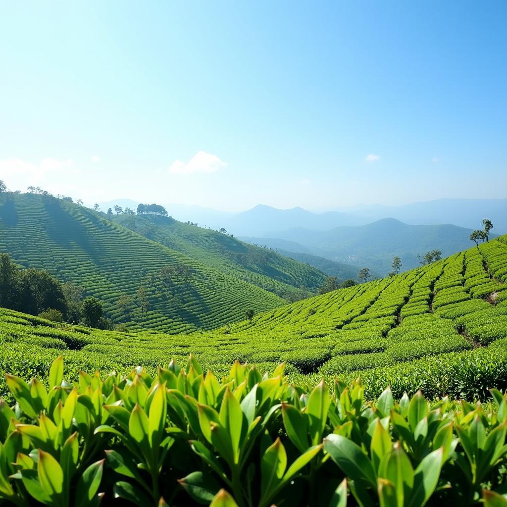 Scenic view of lush green tea plantations in Munnar, India, under a clear blue sky with rolling hills in the background.