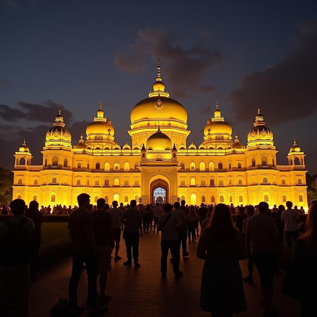 Mysore Palace illuminated at night during a KSTDC tour.