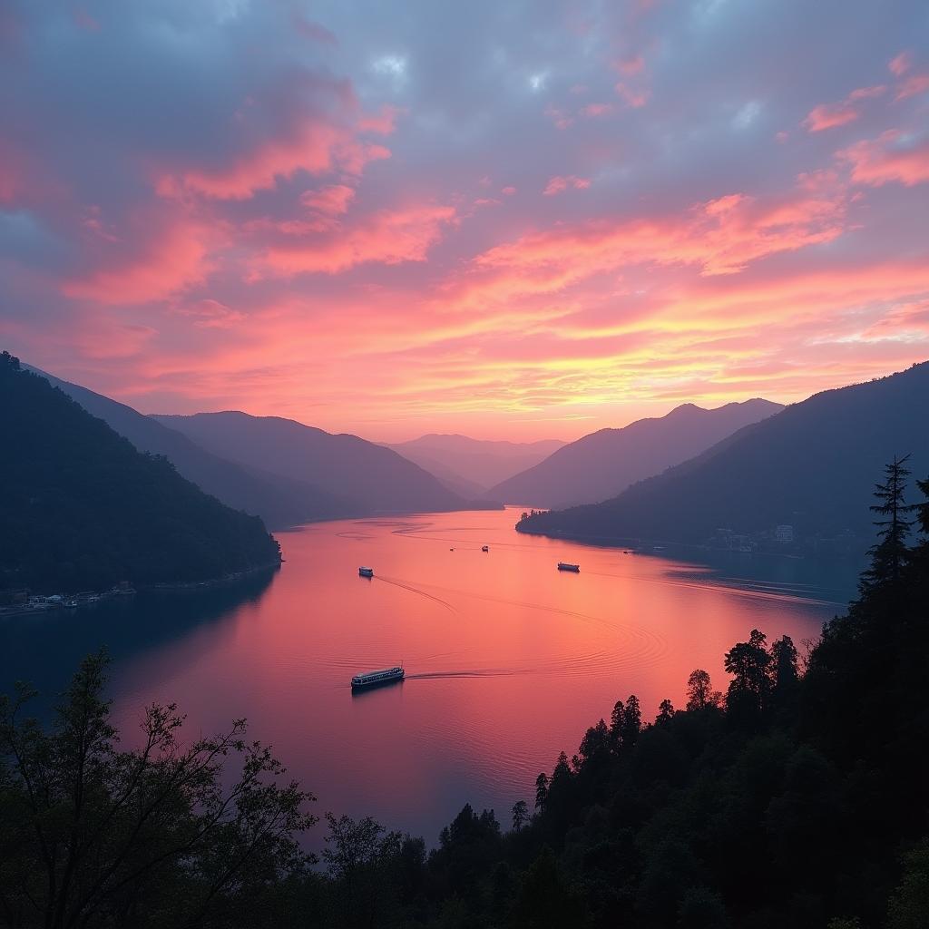 Nainital Lake at sunset with vibrant colors reflecting on the water and surrounding hills