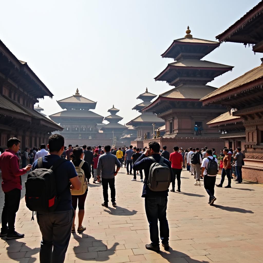 Tourists exploring Kathmandu Durbar Square with its intricate architecture.